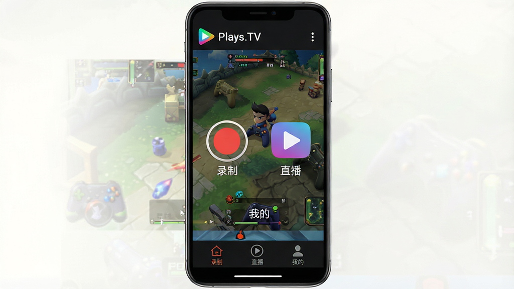 主体:手机屏幕中显示“Plays.TV”安卓版界面,包含录制按钮与直播图标;布局:手机居中,屏幕内容清晰可见;排版:界面简洁,底部有导航栏;风格:现代移动应用风格,色彩明快;细节:屏幕上有“录制”“直播”“我的”等标签,背景为游戏画面;画质:高清,干净,无多余元素。