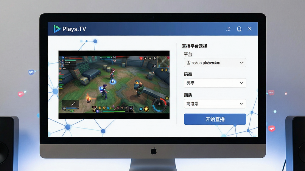 主体:电脑屏幕中显示“Plays.TV”的直播设置界面,包含直播平台选择与码率设置;布局:界面居中,左侧为直播预览,右侧为设置选项;排版:选项排列整齐,有“开始直播”按钮;风格:简洁明亮,带有网络直播元素;细节:预览画面中有游戏画面,设置项有“平台”“码率”“画质”;画质:高清,干净,无多余元素。