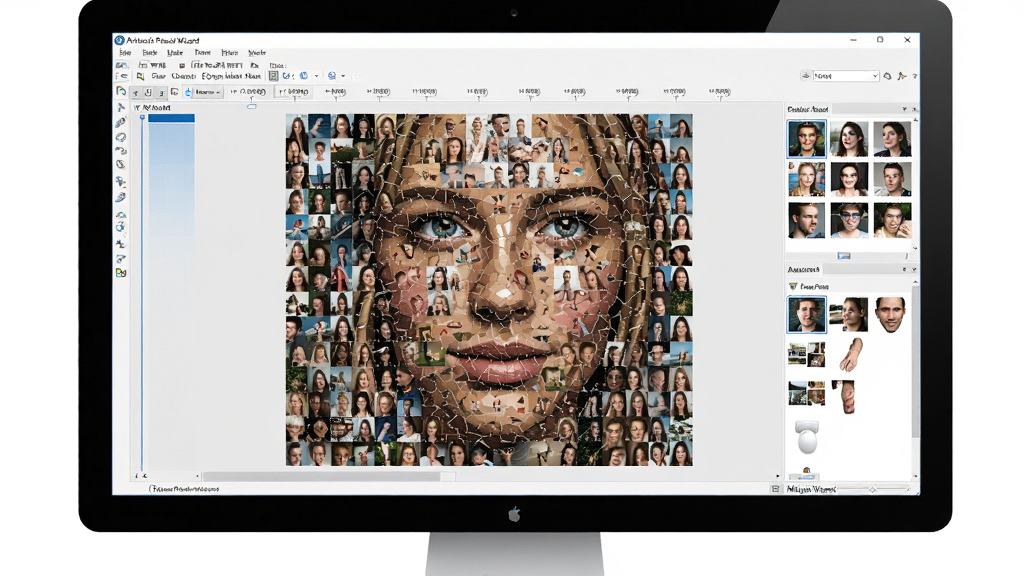一幅以电脑屏幕为主体的图片,屏幕中展示着Artensoft Photo Mosaic Wizard软件的操作界面,界面中央是一张由无数小照片拼接而成的人像马赛克拼图,色彩丰富细腻,整体布局简洁清晰,风格现代科技感,细节展示软件的时间线和素材库,画质高清,干净,无多余元素