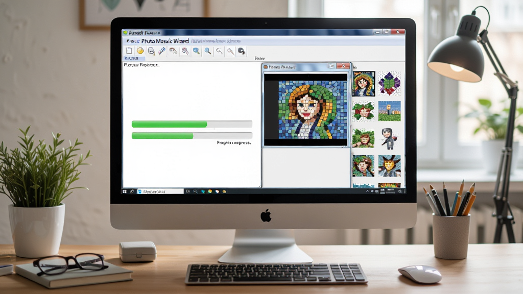 一张展示Artensoft Photo Mosaic Wizard软件运行时的电脑屏幕,屏幕中显示马赛克拼图生成进度条和预览窗口,周围环境是整洁的工作台,布局舒适,风格写实,细节展示进度条和素材缩略图,画质高清,无多余元素