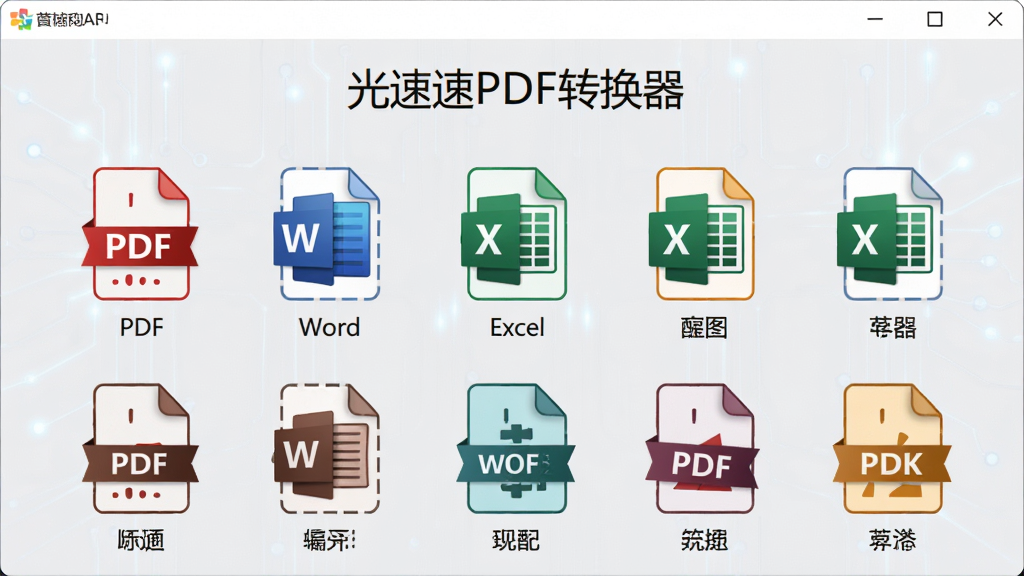 主体:光速PDF转换器软件格式选择界面,显示多种输出格式图标。布局:居中排列,每个图标下方有格式名称。排版:网格状布局,背景为浅灰色。风格:简洁科技感。细节:图标设计精致,颜色各异,标注“PDF”“Word”“Excel”等。画质:高清,干净。