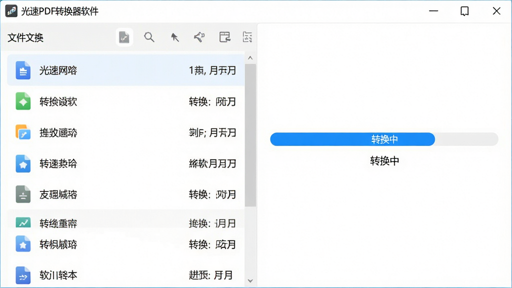 主体:光速PDF转换器软件转换过程界面,显示进度条和文件列表。布局:左侧为文件列表,右侧为转换进度指示。排版:简洁的进度条设计,背景为白色。风格:清爽的商务风格。细节:文件列表带图标和文件名,进度条蓝色高亮,标注“转换中”。画质:高清,干净无多余元素。