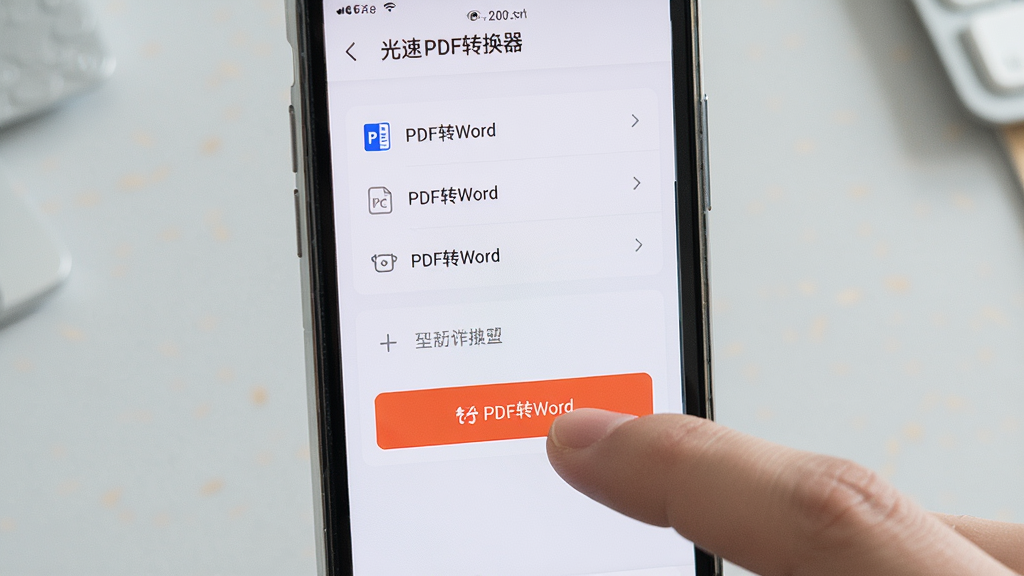 主体:手机屏幕显示光速PDF转换器移动端界面,手指点击转换按钮。布局:手机居中,界面清晰显示功能列表。排版:竖屏展示,背景为浅灰色。风格:实拍风格,光线柔和。细节:屏幕上有“PDF转Word”按钮,手指点击,周围环境简洁。画质:高清,干净无多余元素。