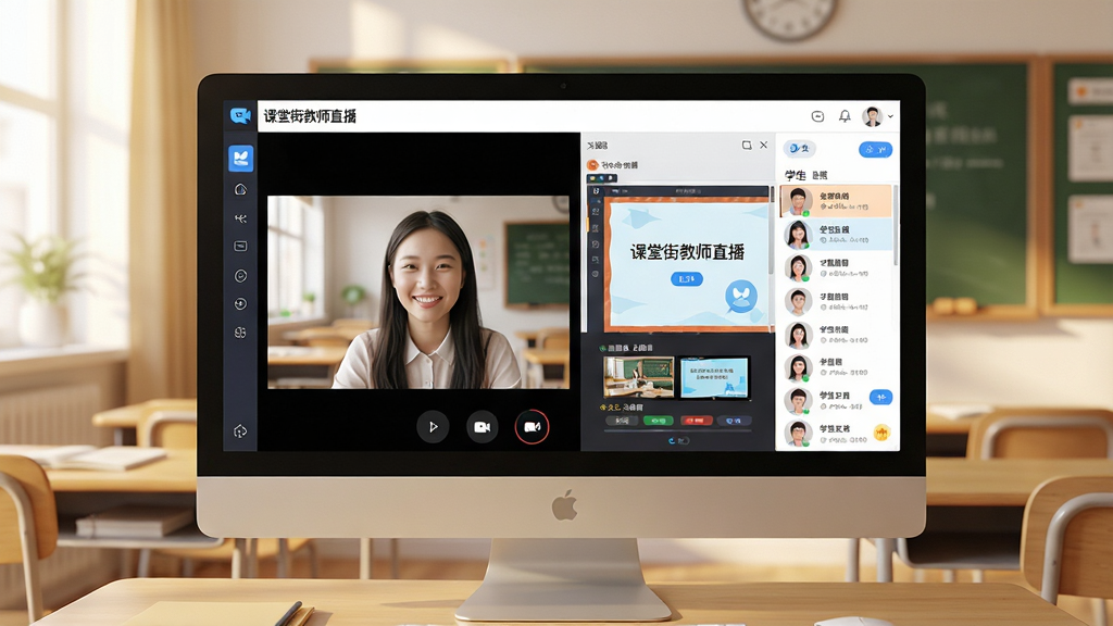 一张现代简约风格的软件功能展示图,主体是“课堂街教师直播”软件界面在电脑屏幕上的效果,背景是温馨的教室环境,布局清晰,展示出直播画面与互动聊天窗口,排版整齐,风格写实且明亮,细节包括摄像头画面、课件展示区和学生列表,画质高清,画面干净,无多余元素