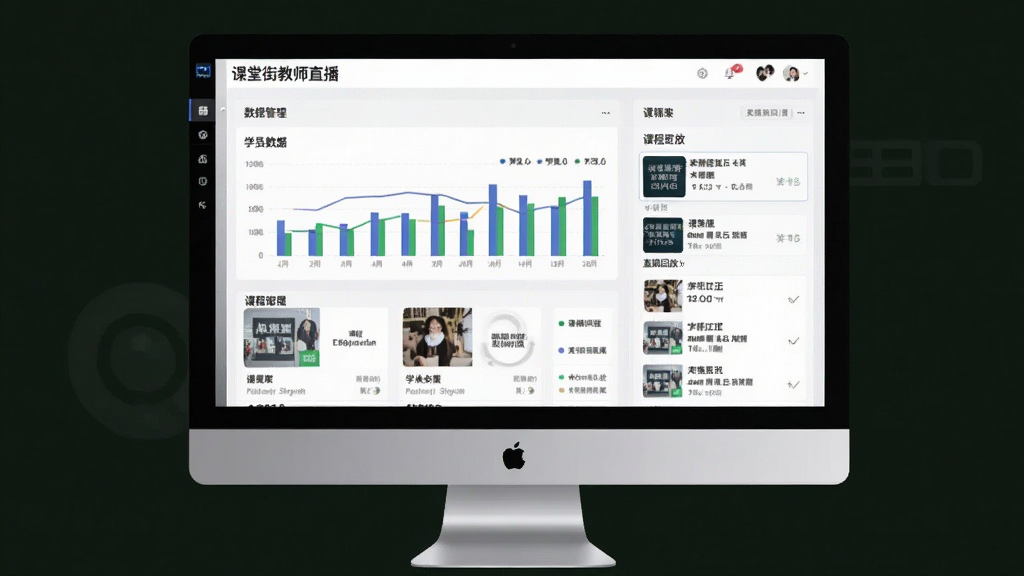 一张“课堂街教师直播”后台管理界面展示图,主体为电脑屏幕上的数据图表与课程列表,布局规整,风格商务简约,细节包括课程封面、学员数据和直播回放列表,画质清晰,画面干净,无多余元素