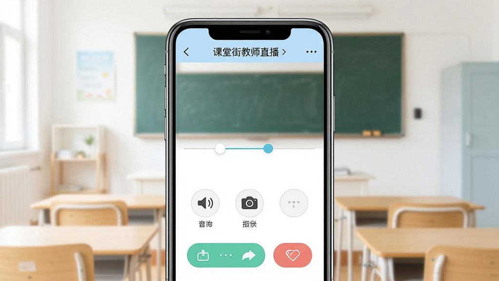 一张“课堂街教师直播”手机端操作示意图,主体是手机屏幕上的直播控制界面,布局简洁,风格清新,细节包括音量调节、摄像头切换和互动按钮,画质干净,无多余元素