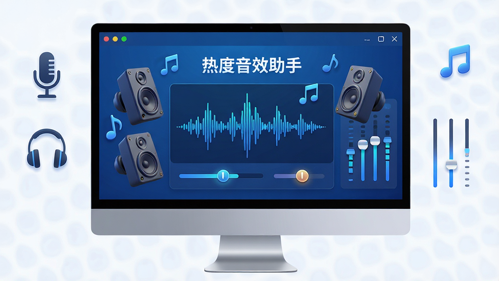 主体:一台现代电脑显示器上显示“热度音效助手”的软件界面,界面中有一个音量波形图,周围环绕着立体声喇叭和音符图标;布局:显示器居中,左侧有麦克风和耳机图标,右侧有均衡器滑块;排版:界面简洁,功能图标排列整齐;风格:科技感,蓝色调,高清渲染;细节:波形图动态显示,滑块有光影效果,屏幕上文字“热度音效助手”清晰可见;画质:超清,干净,无多余元素
