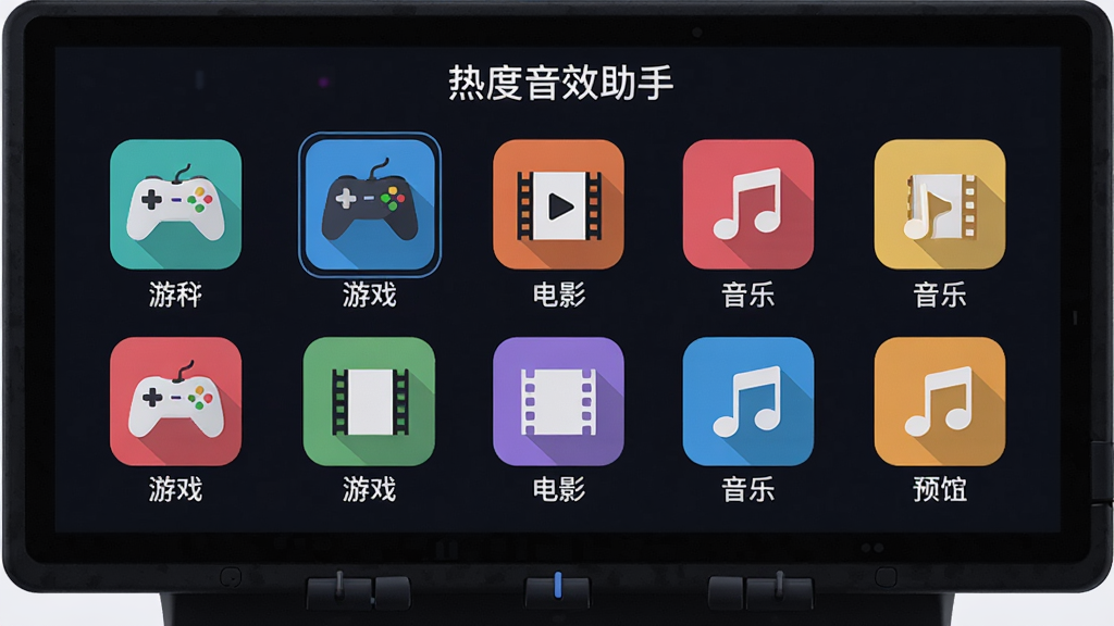 主体:一个音效控制台界面,屏幕上显示“热度音效助手”的预设选择页面,有“游戏”、“电影”、“音乐”等图标;布局:控制台居中,图标环绕排列,每个图标下方有中文标签;排版:界面清晰,图标大小一致;风格:扁平化设计,色彩鲜明,现代感;细节:每个图标有微型场景插图,如游戏手柄、电影胶片、音符;画质:高清,干净,无多余元素
