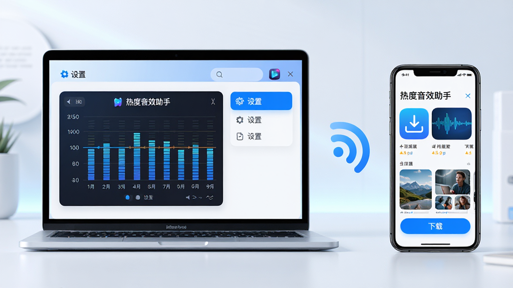 主体:一台笔记本和一台手机并排,屏幕上都显示“热度音效助手”的界面,笔记本屏幕有“设置”选项,手机屏幕有“下载”按钮;布局:笔记本在左,手机在右,中间有无线信号图标连接;排版:设备大小比例协调,界面文字清晰;风格:明亮,科技感,蓝色调;细节:笔记本屏幕显示均衡器界面,手机屏幕显示应用商店界面;画质:高清,干净,无多余元素
