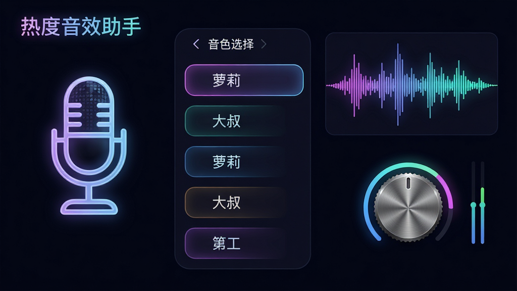 主体:一个麦克风图标左侧是“热度音效助手”的变声界面,右侧显示音波和音调旋钮;布局:界面居中,左侧为音色选择列表,右侧为波形显示;排版:简洁,功能分区明确;风格:深色背景,霓虹光效,科技感;细节:音色列表有“萝莉”、“大叔”等标签,旋钮有金属质感;画质:超清,干净,无多余元素
