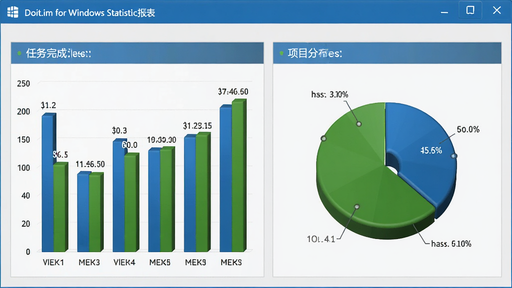 Doit.im for Windows统计报表界面,包含柱状图和饼图,展示任务完成率与项目分布,界面用蓝色和绿色为主色调,图表立体感强,数据标签清晰,背景为浅灰色,整体商务风格,画质干净,无多余元素