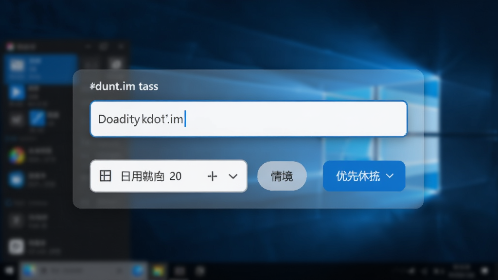 Doit.im for Windows快速添加任务界面,一个简洁的输入框悬浮在屏幕上方,下方有日期选择器、情境标签和优先级按钮,界面带有柔和的阴影效果,背景虚化,突显输入框主体,整体风格现代,画质清晰,细节丰富