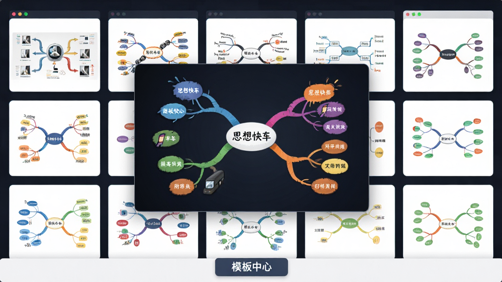 思想快车(ThinkingExpress)模板库展示界面,画面中网格状排列着各种风格不同的思维导图缩略图,有商务风格、手绘风格、极简风格等,中央一张被放大预览,色彩丰富,界面底部有“模板中心”标签,整体设计整洁美观,画质清晰,无多余元素。