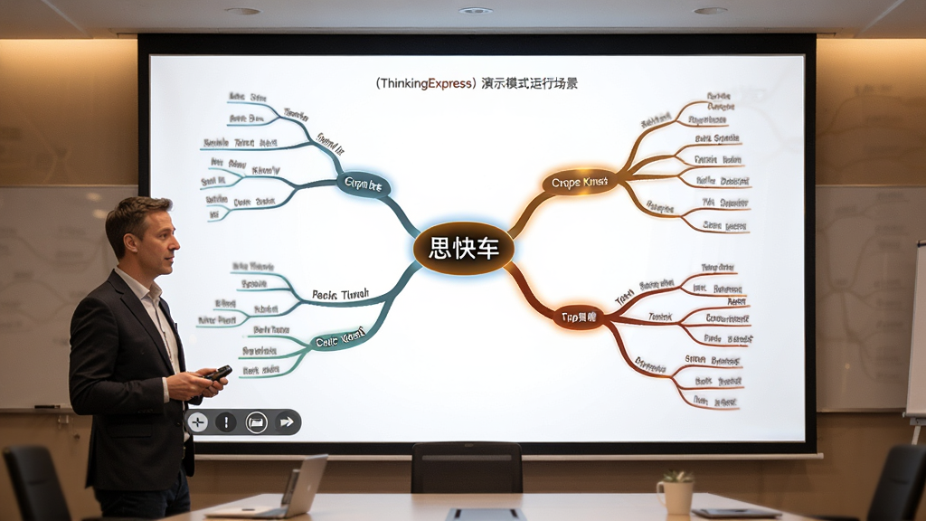 思想快车(ThinkingExpress)演示模式运行场景,电脑屏幕上全屏显示一棵思维导图,当前分支被高亮放大,其余分支暗淡,左下角有控制按钮,演讲者站在屏幕前手持遥控笔,会议室环境,灯光柔和,画质清晰,无多余元素。
