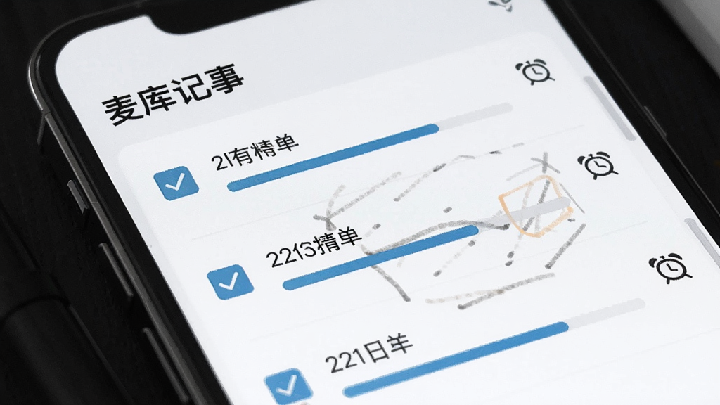 主体为“麦库记事”待办清单视图,布局为列表项目带勾选框与闹钟图标,排版错落有致,风格简约,细节有进度条与日期,画质干净,无多余元素。