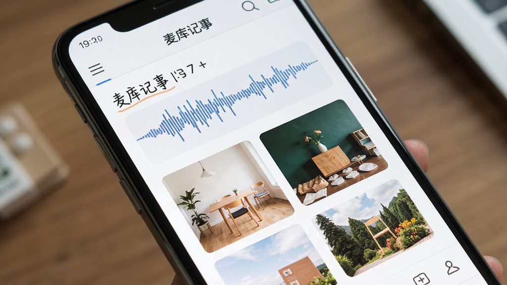 主体为“麦库记事”编辑界面,布局为手机屏幕显示图文并茂的笔记,含语音波形与图片缩略图,排版舒适,风格清新,细节有工具栏图标,画质清晰,无多余元素。