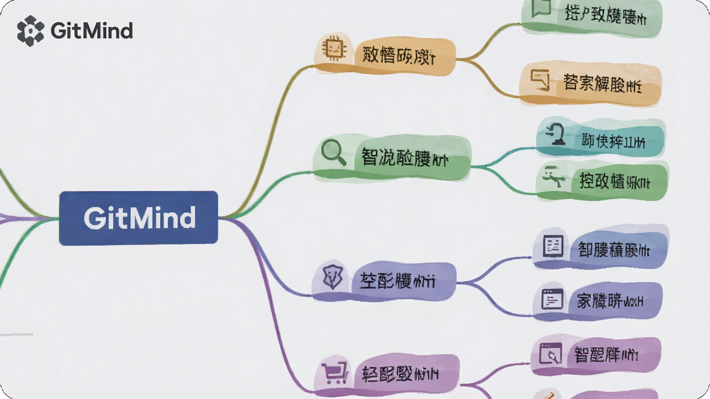 一张GitMind思维导图的局部特写,展示向右逻辑图结构,中心主题在左侧,右侧延伸出多个不同颜色的分支节点,每个节点旁有简洁的图标,背景为淡灰色,画布干净,线条流畅,节点文字清晰可读,扁平化设计风格,突出智能布局与清晰层级,图片左上角有“GitMind”水印