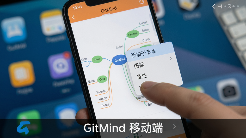 一张GitMind在手机上的操作界面截图,手机屏幕中展示一个思维导图,手指正长按一个节点,弹出浮动菜单,包含“添加子节点”“图标”“备注”等选项,背景为桌面,界面清晰,扁平化设计,突出移动端操作便捷性,图片底部有“GitMind 移动端”字样