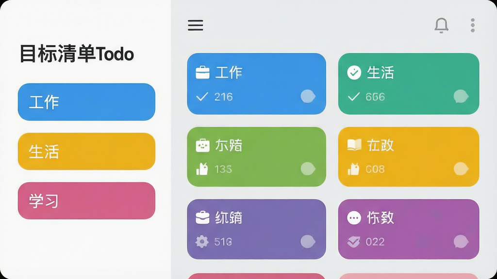 展示“目标清单Todo”应用内的分类管理界面,左侧为彩色分类标签列表,分别标注“工作”“生活”“学习”等字样,右侧显示对应分类下的任务卡片,卡片颜色与左侧标签颜色一致。整体界面以浅灰色背景为主,卡片圆角设计,扁平化风格,细节清晰,画质干净,无多余元素。