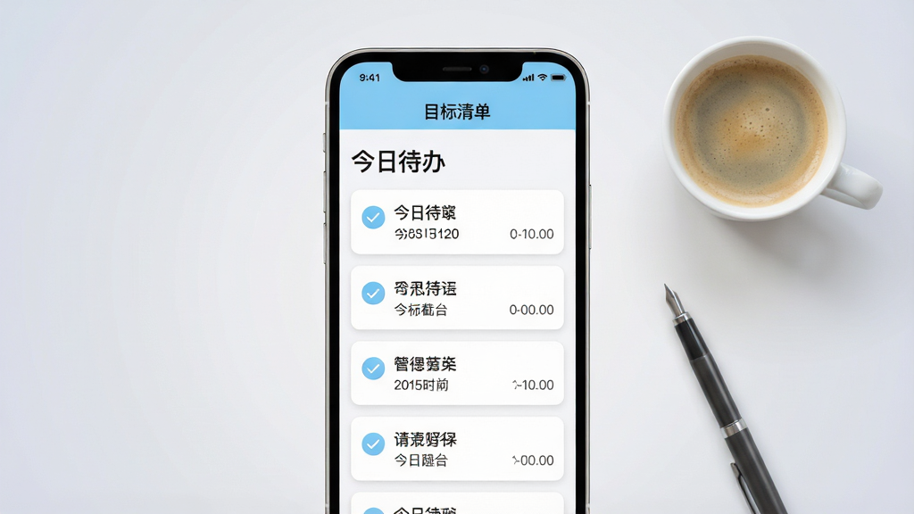 画面中央展示一款名为“目标清单Todo”的手机应用界面,界面以白色和浅蓝色为主色调,顶部显示“今日待办”字样,下方排列着整齐的任务卡片,每张卡片左侧有圆形勾选框,右侧显示任务名称和截止时间。背景为柔和的渐变浅灰,桌面摆放一杯咖啡和一支笔,整体风格简洁明亮,扁平化设计,高清渲染,画质干净,无多余元素。
