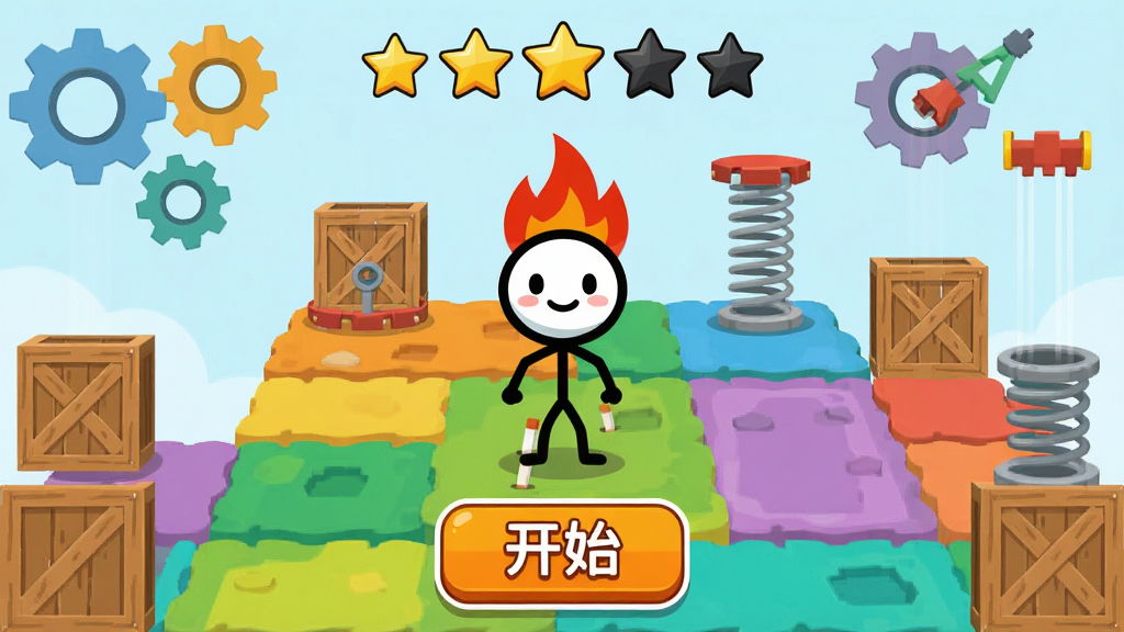 主体:火柴人游戏主界面,一个可爱的火柴人站在五彩斑斓的关卡地图中央,背景有齿轮、木箱、弹簧等机关元素。布局:界面左右对称,上方显示关卡星级,下方有开始按钮。排版:主界面居中,按钮醒目,整体简洁。风格:卡通扁平化,色彩明亮活泼,细节丰富。画质:高清晰度,干净无多余元素。