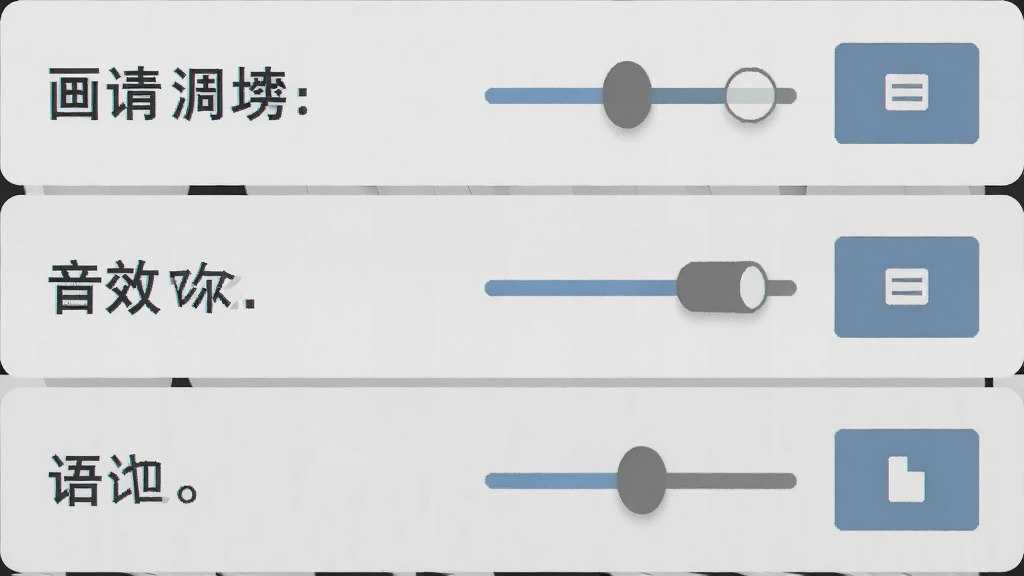 主体:游戏设置界面,显示画质调节、音效开关、语言选择等选项。布局:纵向排列,每个选项右侧有滑块或按钮。排版:简洁清晰,字体易读。风格:扁平化,底色为浅灰。画质:高清晰度,干净无多余元素。