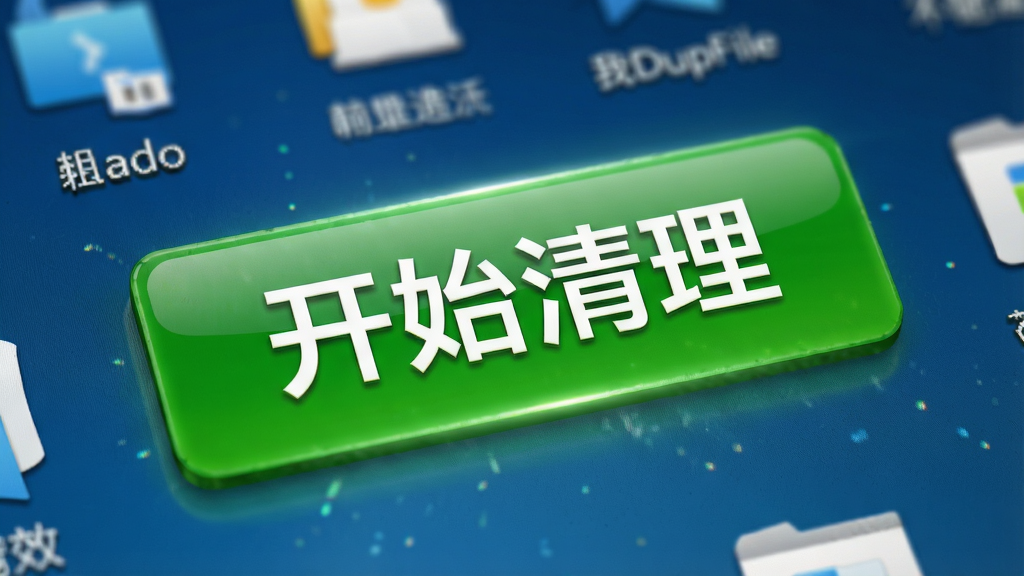 FindDupFile一键清理按钮特写,绿色按钮上写着“开始清理”,背景为桌面图标,构图简洁,排版醒目,细节光效,画质细腻,无多余元素