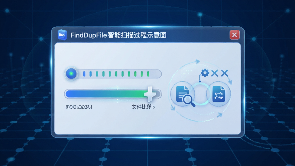 FindDupFile智能扫描过程示意图,显示进度条和文件比对动画,背景为科技感蓝色网格,主体为扫描进度窗口,布局居中,排版简洁,细节高光,画质清晰,无多余元素