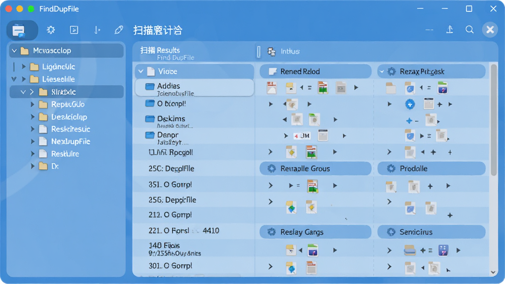 FindDupFile主界面预览,展示扫描结果列表,左侧树状目录,右侧重复文件分组,界面简洁蓝色调,布局清晰,排版整齐,现代扁平化风格,细节圆润,画质干净,无多余元素