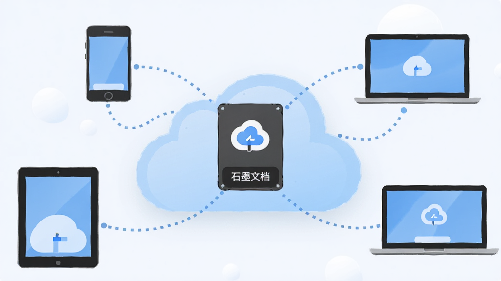 石墨文档云端同步示意图,主体为一块悬浮在云朵上的硬盘,硬盘周围环绕着手机、平板、笔记本电脑等设备图标,各设备与云盘之间用虚线连接,布局为云盘居中,设备环绕分布,背景为淡蓝色渐变,风格为扁平化图标插画,细节处显示“石墨文档”字样,画质干净简洁,无多余元素