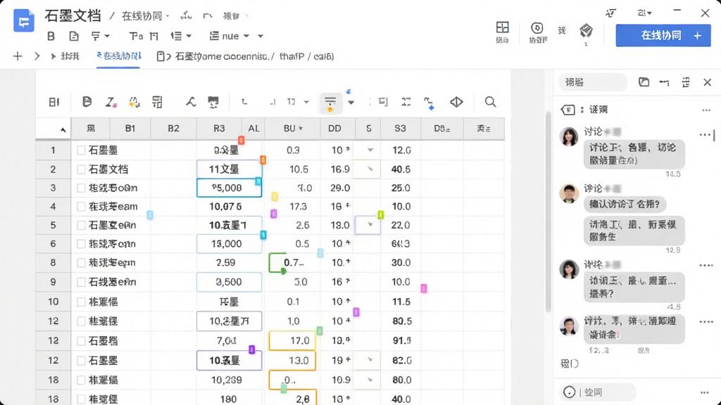 石墨文档多人实时协同编辑界面,主体为电脑屏幕截图,显示一份表格文档,表格中有多行数据,多个彩色光标在不同单元格内闪烁,右侧有聊天讨论栏,布局为居中截图样式,风格为真实软件界面,细节处显示“石墨文档”标题栏和“在线协同”提示,画质清晰干净,无多余元素