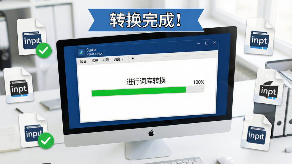 ���壺һ�ŵ�����Ļ�ĸ���ͼ����Ļ����ʾ�����ʿ�ת���������ڽ��дʿ�ת����������Ϊ100%�����֣���Ļ��Χɢ���ż����ʿ��ļ�ͼ�꣬����һ��������ɫ�Թ����Ű棺��Ļ�Ϸ���һ��������֡�ת����ɣ��������дʵ��񣬰칫���滷��������������ϸ�ڣ�����������������������ɫ���ļ�ͼ��������뷨Logo�����ʣ����壬�ɾ����޶���Ԫ�ء�