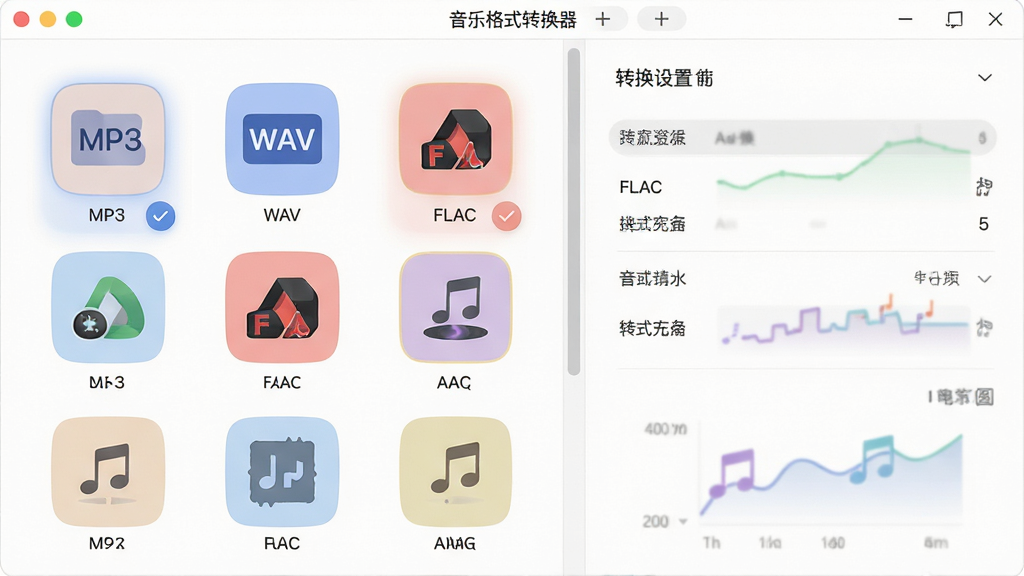 主体:音乐格式转换器软件界面展示格式选择列表,列表包含MP3、WAV、FLAC、AAC等多种格式图标。布局:界面左侧为格式列表,右侧为转换设置区域。排版:列表整齐,图标圆润,配色柔和。风格:扁平化设计,清晰直观。细节:每个格式图标下方标注格式名称,选中状态高亮显示。画质:高清,干净,无多余元素。