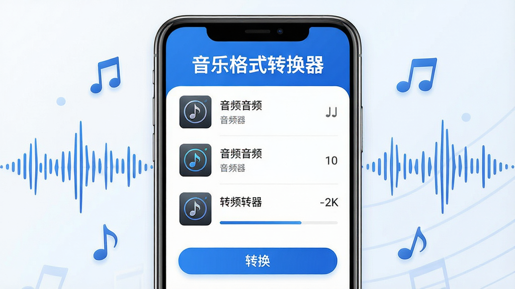 主体:手机屏幕展示音乐格式转换器操作界面,界面中有音频文件列表和转换按钮,屏幕上方显示“音乐格式转换器”字样。布局:手机居中,屏幕内容清晰可见,周围有音乐符号和声波图形点缀。排版:界面元素整齐排列,色彩以蓝白为主,现代简洁。风格:科技感、专业、清新。细节:屏幕中的音频文件图标细腻,转换进度条清晰可见。画质:8K超清,干净,无多余元素。