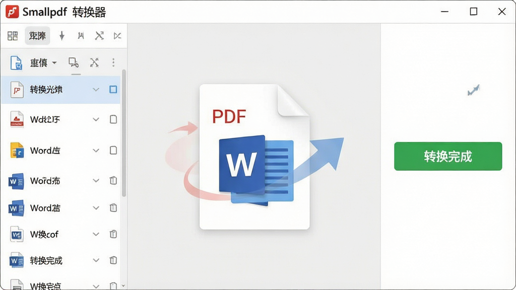 һ�Ų�����ʾ��ͼ����������չʾһ��PDF�ļ����ڱ�ת��ΪWord�ĵ��Ķ���Ч����������ļ��б����Ҳ���ʾ��ת����ɡ���ɫ��ʾ��ť������Ϊ��ɫ��ǳ��ɫ���ı�ƽ����Ʒ��ͻ����Smallpdfת�������������ƣ������������޶���Ԫ�ء�