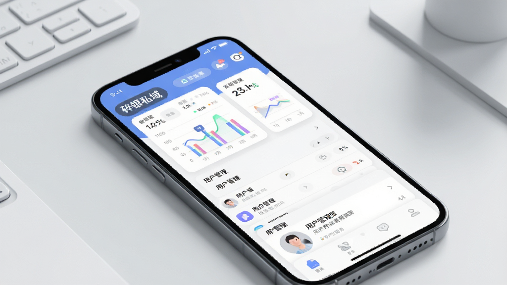 一幅展示现代智能手机界面的高清产品预览图,手机屏幕中央显示“碎银私域”应用的主页仪表盘,包含清晰的数据图表和用户管理列表,背景为简约的浅灰色办公桌面,布局居中,排版干净留白,采用扁平化设计风格,细节上突出图标的圆润质感,画质细腻明亮,干净无多余元素,图片上不显示任何文字。