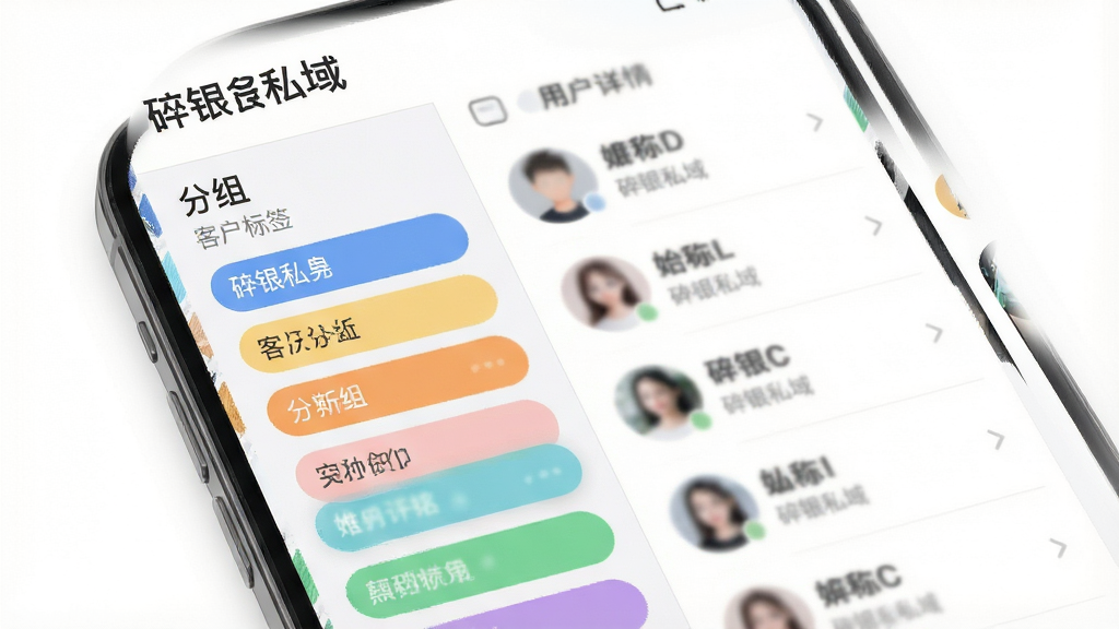 一张“碎银私域”软件功能界面的概念设计图,画面主体为手机屏幕上的客户标签分组界面,不同颜色的标签卡片整齐排列,布局采用左右分栏式,左侧为分组列表,右侧为用户详情,排版清晰直观,风格现代简约,细节包含头像和昵称的模糊处理,画质高清,背景为纯白色,干净无多余元素,图片上不显示任何文字。
