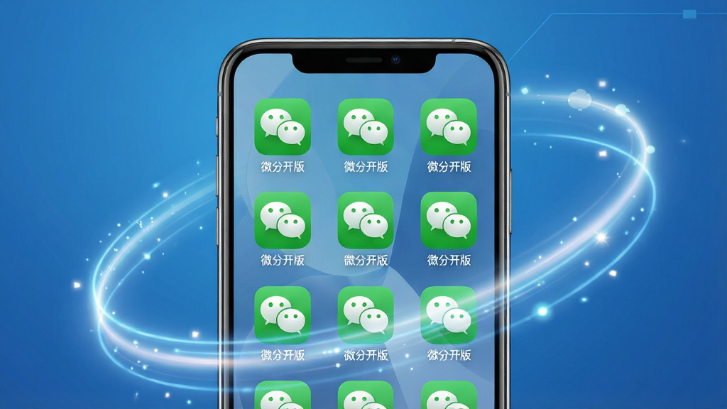 主体:一部智能手机屏幕展示多个微信应用图标同时运行,手机周围有流畅的光效环绕。布局:手机居中,屏幕内清晰可见多个相同应用图标排列,背景为简约的蓝色渐变科技风。排版:图标整齐排列,每个图标下方标注小字“微分开版”。风格:现代科技感,明亮通透。细节:高光反射,图标阴影自然,画质高清。文字:“微分开版”字样突出。画质:4K,干净,无多余元素。