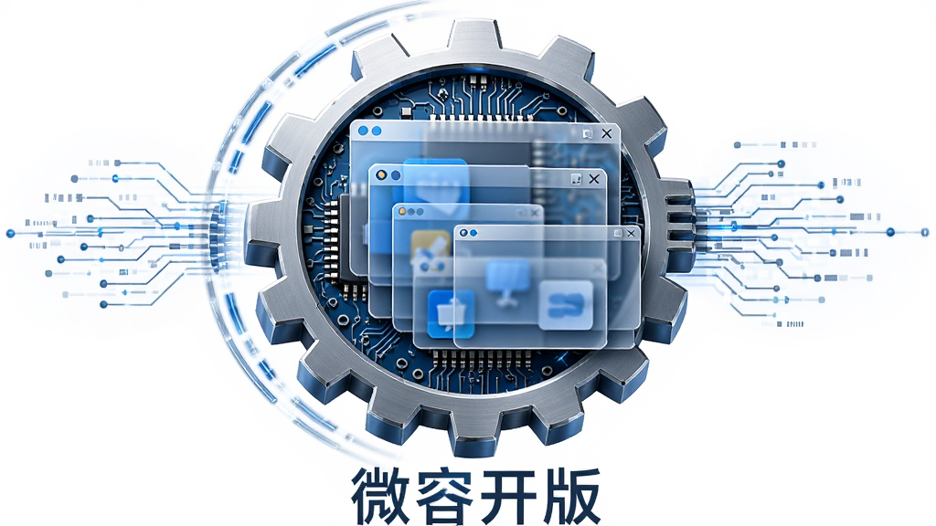主体:一个齿轮与电路板结合的图形,中央有多个重叠的透明应用窗口。布局:图形居中,四周有数据流线。排版:窗口错落有致,层次分明。风格:科技蓝与银灰色调,金属质感。细节:齿轮转动轨迹,电路纹理清晰,画质细腻。文字:“微分开版”标识在图形下方。画质:干净,无多余元素。