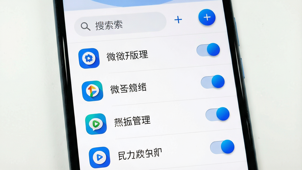 主体:手机屏幕显示一个管理列表,列表中有多个应用图标,每个图标右侧有开关按钮。布局:列表纵向排列,顶部有搜索栏和“+”号按钮。排版:图标与文字对齐,开关按钮颜色醒目。风格:简洁的Material Design风格,白色背景,蓝色点缀。细节:图标圆角,开关按钮带渐变,画质清晰。文字:顶部显示“微分开版管理”。画质:干净,无多余元素。