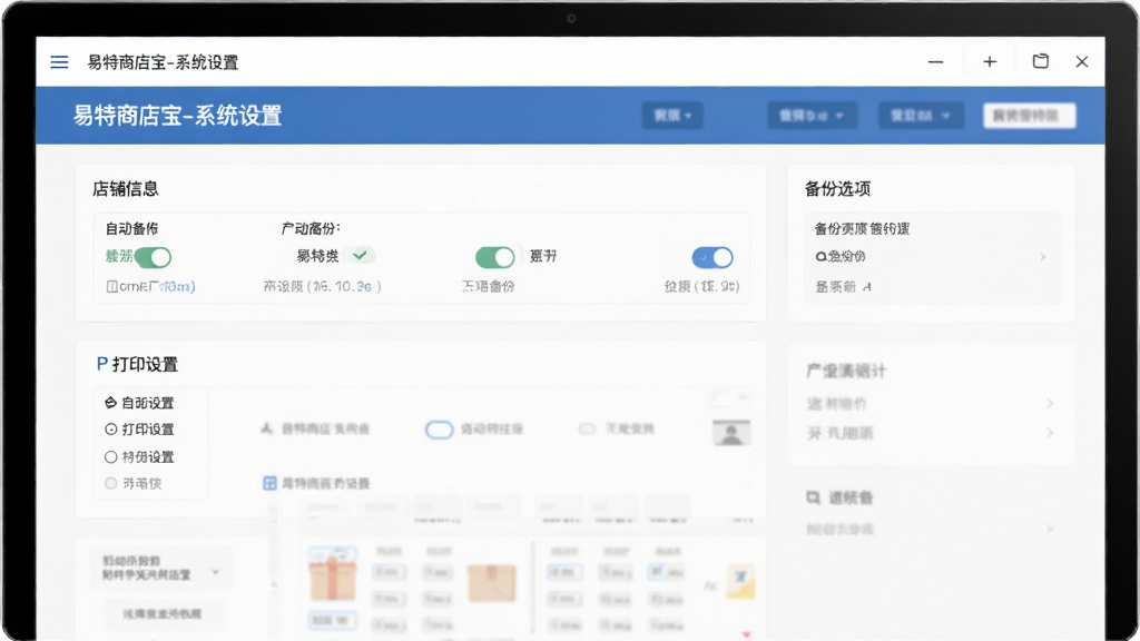 展示易特商店宝后台设置界面,主体为设置页面,包含店铺信息、打印设置、备份选项等,布局清晰,风格商务,细节展示自动备份开关,画质干净,界面显示“易特商店宝-系统设置”