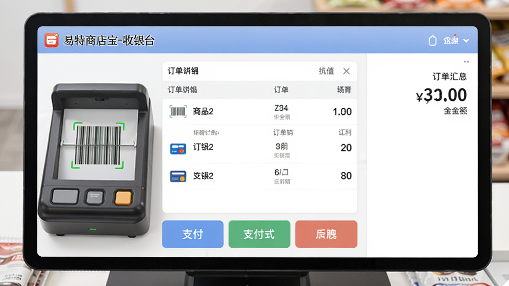 展示易特商店宝订单处理页面,主体为收银台界面,包含商品扫描区、订单明细列表、支付方式按钮,右侧为订单汇总金额,布局紧凑合理,风格现代明亮,细节突出支付图标,画质清晰,界面显示“易特商店宝-收银台”