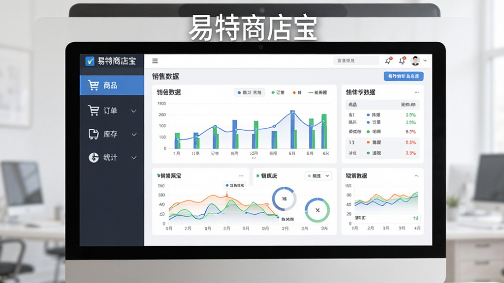 图片展示易特商店宝软件主界面,主体为电脑屏幕中的店铺管理仪表盘,左侧功能菜单包含商品、订单、库存、统计图标,中央为销售数据图表,整体布局简洁清晰,风格现代商务,细节突出数据可视化,画质高清干净,无多余元素,屏幕上方显示“易特商店宝”字样