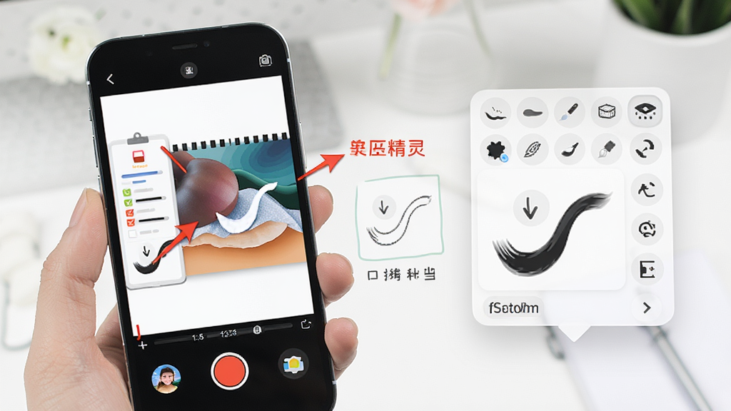 һ��չʾѸ��ƻ��¼�����黭�ʹ���ʹ�ó�����ͼƬ����������һ��iPhone����¼����Ļ����Ļ���ǽ�ѧ��ʾ���棬���к�ɫ��ͷ�����ֱ�ע���Ա��л��ʹ����������������������������ֺ�����ϸ�����������ʸɾ��޶���Ԫ��