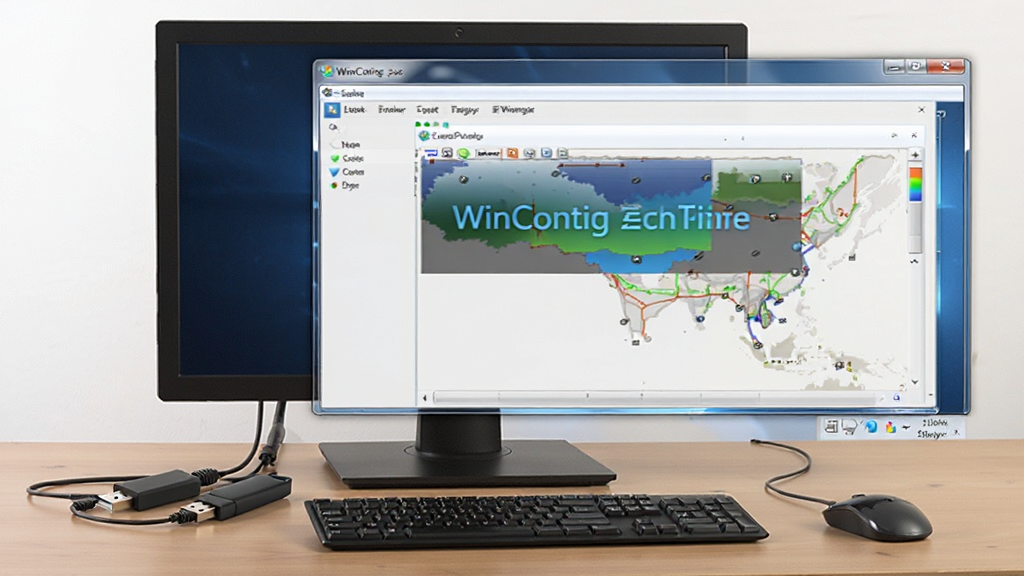 WinContig运行环境示意图,主体为电脑桌面显示软件运行状态,布局为桌面与软件窗口,排版合理,风格为写实风格,细节包括USB设备插入,画质高清,干净无多余元素