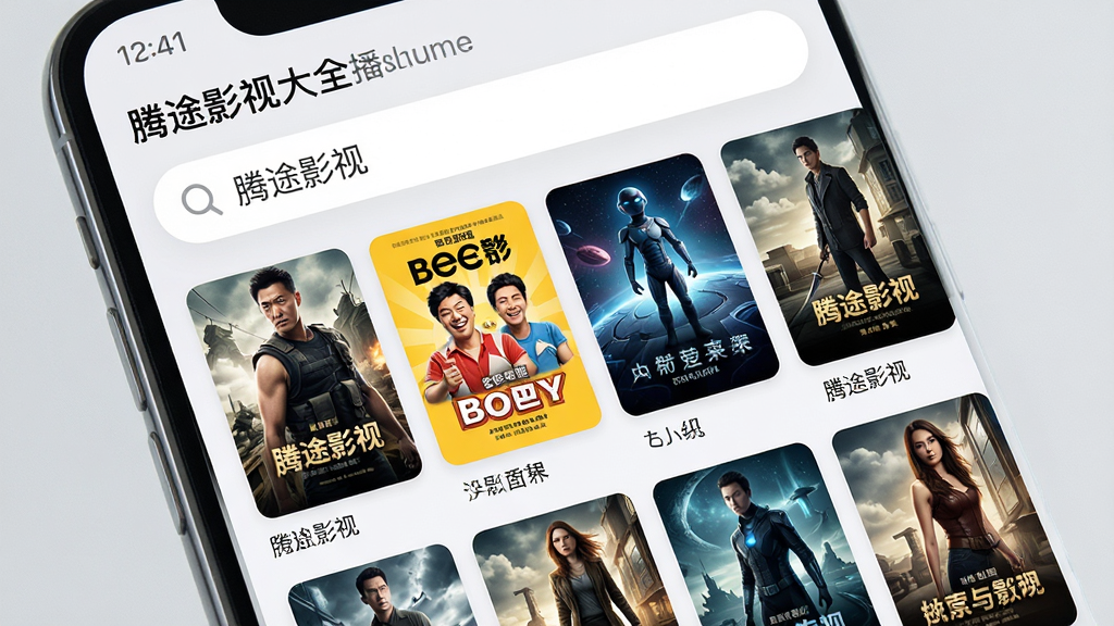 主体:腾途影视大全播放器应用内的“资源搜索”功能界面,屏幕上显示搜索框和结果列表。布局:手机屏幕特写,搜索框位于顶部,下方以网格形式展示多部电影海报,涵盖动作、喜剧、科幻等类型,每张海报下方有清晰片名。风格:明亮简洁的UI风格,图标圆润,色彩柔和。细节:搜索框内有“腾途影视”字样,海报图片清晰,界面响应流畅,背景为浅灰色,画面干净无多余元素。画质:高清,细节丰富,色彩自然。