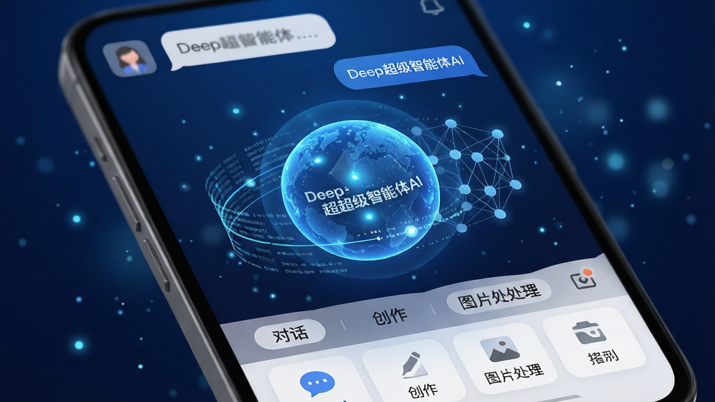 主体:Deep超级智能体AI应用界面,中央悬浮一个发光的蓝色球形智能核心,周围环绕数据流与神经网络节点。布局:手机屏幕为前景,界面简洁,上方显示对话气泡,下方功能图标排列整齐。排版:主视觉居中,背景为深蓝渐变科技感,点缀微光粒子。风格:现代科技风,高细节渲染,3D质感。细节:球形核心上有“Deep超级智能体AI”字样,屏幕内展示“对话”、“创作”、“图片处理”等模块标签。画质:8K超清,干净,无多余元素。