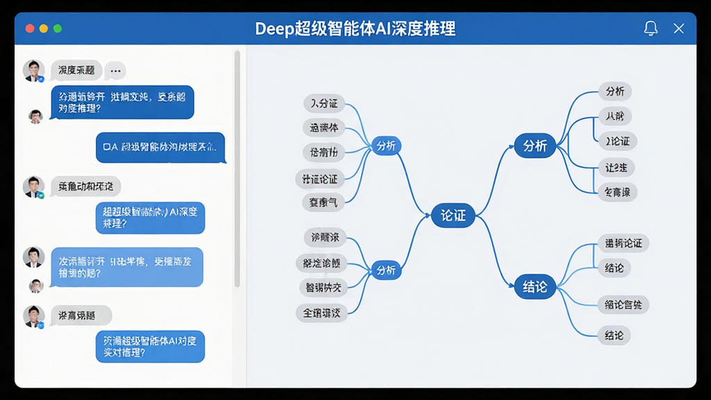 主体:Deep超级智能体AI对话界面,显示一段复杂的逻辑推理过程,用思维导图形式呈现。布局:左侧为对话列表,右侧为思维导图展开,节点上标注“分析”、“论证”、“结论”。排版:信息层级分明,线条连接流畅。风格:商务智能风格,浅色背景搭配蓝色主题色。细节:界面顶部有“Deep超级智能体AI深度推理”字样,下方对话气泡中展示中文问题与解答。画质:高清晰度,干净,无多余元素。