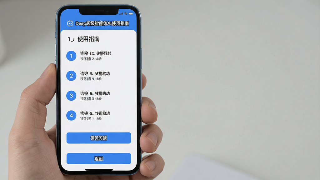 主体:手机屏幕显示Deep超级智能体AI的“使用指南”界面,上方有步骤编号,下方有“常见问题”按钮。布局:垂直排列,步骤列表清晰,底部有返回键。排版:简约,文字为主,辅以图标。风格:扁平化,浅色背景,蓝色点缀。细节:屏幕顶部显示“Deep超级智能体AI使用指南”,每个步骤前有数字圆圈,背景干净。画质:高清,无多余元素。