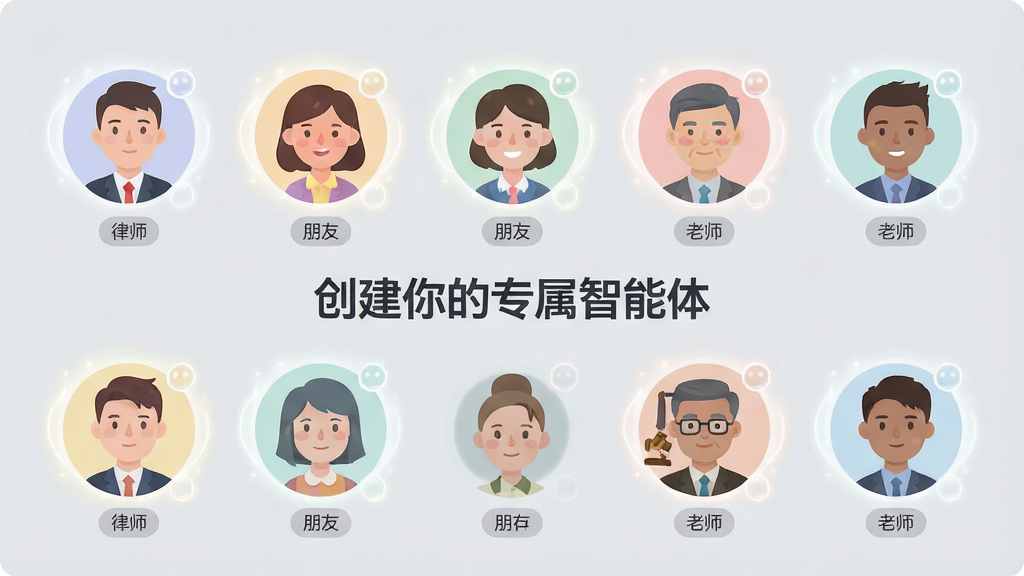主体:Deep超级智能体AI的角色定制界面,展示多个不同风格的虚拟头像。布局:头像以网格排列,每个头像下方有“律师”、“朋友”、“老师”等标签。排版:简洁明了,头像大小一致。风格:扁平化设计,色彩柔和。细节:界面中央有“创建你的专属智能体”标题,背景为浅灰色,头像周围有光环特效。画质:清晰,干净,无多余元素。
